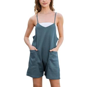 Rompers for Women Summer Casual Waffle Knit Sleeveless Romper Spaghetti Strap Shorts Overalls Jumpsuit with Pockets (Large, Blue)