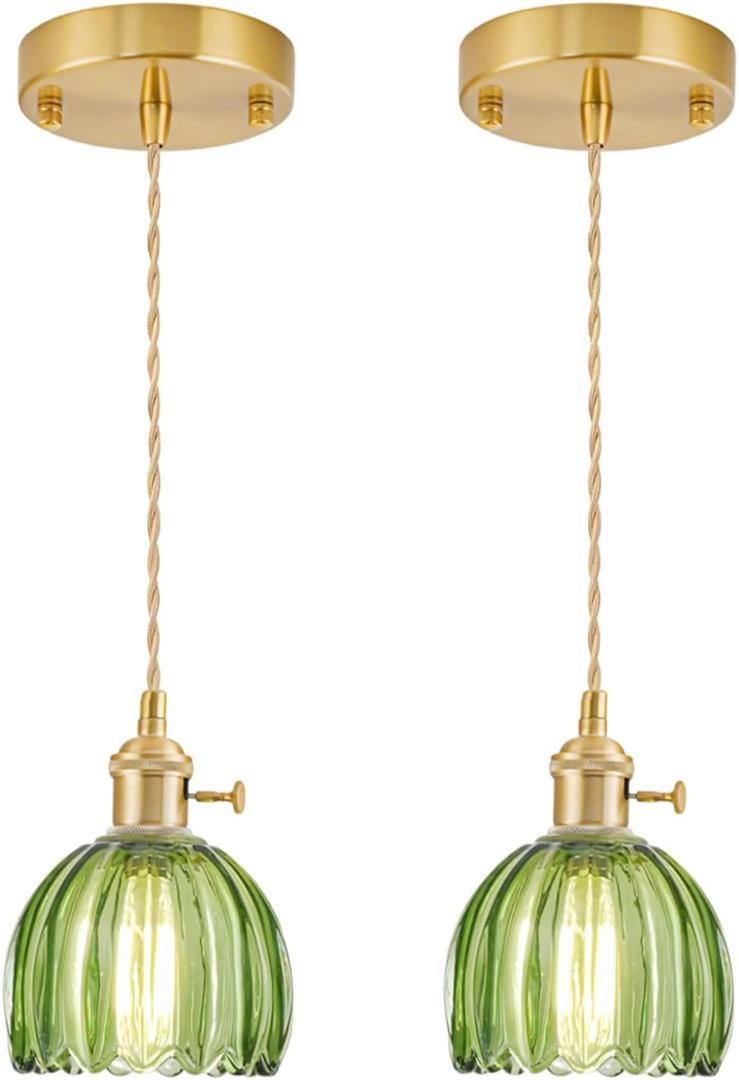 Mini Pendant Lights Kitchen Island 2 Pack, Small Adjustable Pendant Light Fixture with Green Tulip Glass Lampshade, Vintage Gold Pendant Lighting, Pendant Light for Bedroom Dining Room Hallway, Medium