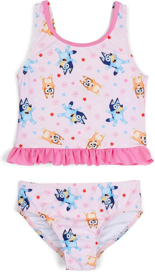 Bluey Big Girls UPF 50+ Peplum Tankini Top and Bikini Bottom Swim Set Pink 10-12