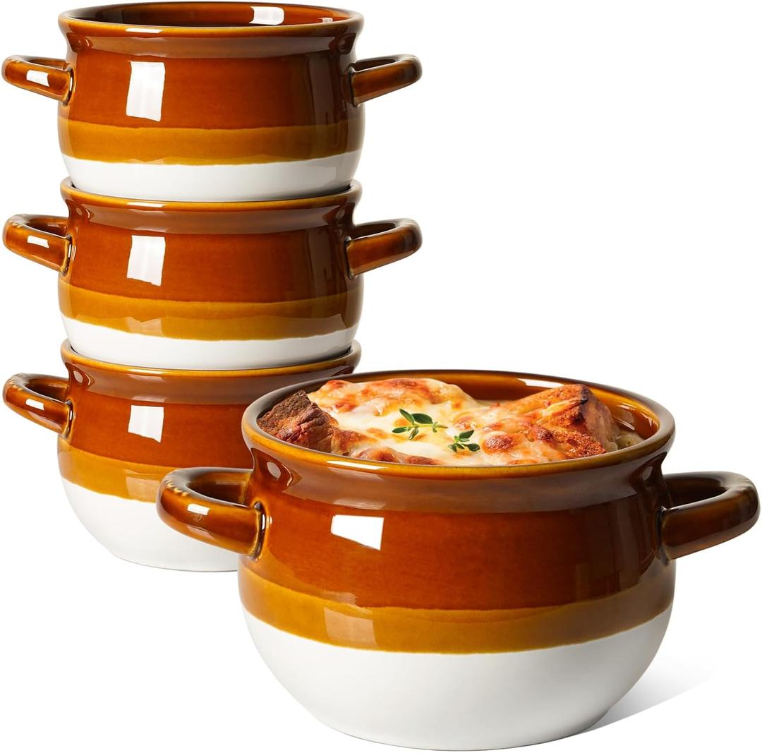 LE TAUCI French Onion Soup Bowls with Handles, 16 Oz Ceramic French Onion Soup Crocks Oven Safe Serving Bowls for Soup, Chili, Beef Stew, Cereal, Pot Pies, Set of 4