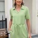 Deer Lady 2025 Casual Summer T Shirt Dress for Women Drawstring Short Sleeve V Neck Mini Shift Dresses with Pockets (Green, S)