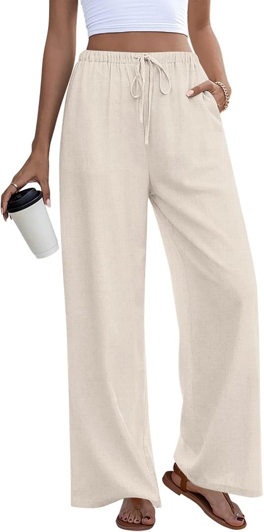 Anymeet Womens Soft Spring Pants Wide Leg Casual Drawstring High Waist Long (L)