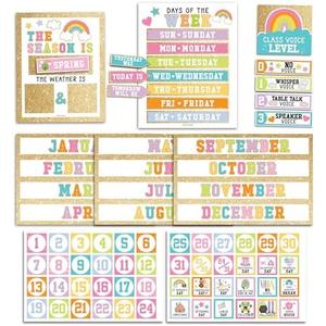 Classroom Calendar Set Bulletin Board Decor – School Calendar For Classroom Elementary & Preschool, Bulletin Board Decorations With Weather Chart & Seasons, Pastel