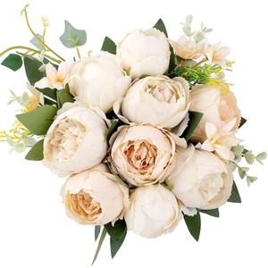 Shengyuan Artificial Flowers Fake Silk Peony Flower Bouquet Floral Plants Decor for Home Garden Wedding Party Decor Decoration (Champagne Cream)