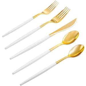 Rubtlamp 96 Pcs Gold Plastic Silverware, Gold Plastic Utensils with White Handle, Cutlery Set Disposable Includes: 32 Knives, 32 Plastic Spoons And 32 Forks for Wedding And Party