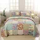 vctops Boho Patchwork Cotton Quilted Bedspread Quilt Set Queen Size 3 Pieces Soft Reversible Lightweight Coverlet Set Floral Print 1 Quilt and 2 Pillow Shams (Purple,Queen)