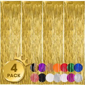 Voircoloria 4 Pack Gold Foil Fringe Backdrop Curtains, Tinsel Streamers Birthday Party Decorations, Fringe Backdrop for Graduation, Baby Shower, Gender Reveal, Disco Party