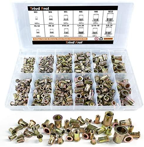 Trivd Frol Rivet Nut Tool Kit, 520pcs SAE & Metric Rivet Nut Assortment Kit w Galvanized Carbon Steel Flat Head Threaded Insert Nuts, Sizes 6-32 8-32 10-24 1/4"-20 5/16"-18 3/8"-16 M3 M4 M5 M6 M8 M10