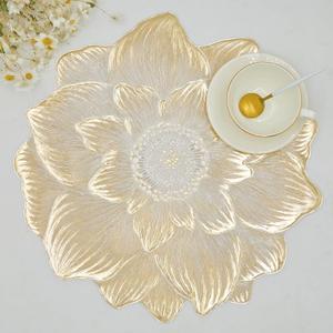 Gold Placemats Set of 6, Creative 3D Flower Placemats Waterproof & Oil-Proof - Metallic Pressed Vinyl Round Place Mats Fancy Decorative Table Mats for Holiday Wedding Accent Outdoor