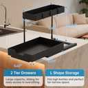 2-Tier Under Sink Organizers, 2 Pack Sliding L-shape Cabinet Organizers Narrow Space Storage Shelves Multi-purpose Sink Organizer Baskets with 4 Hook for Kitchen Bathroom Drawer, Black