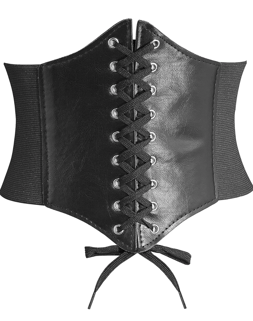DTWAWA Black Corset Belts for Women, Wide Elastic Tied Leather Waspie Waist Belt for Girls Dresses, Size: M: Fit Waist 27"-30"