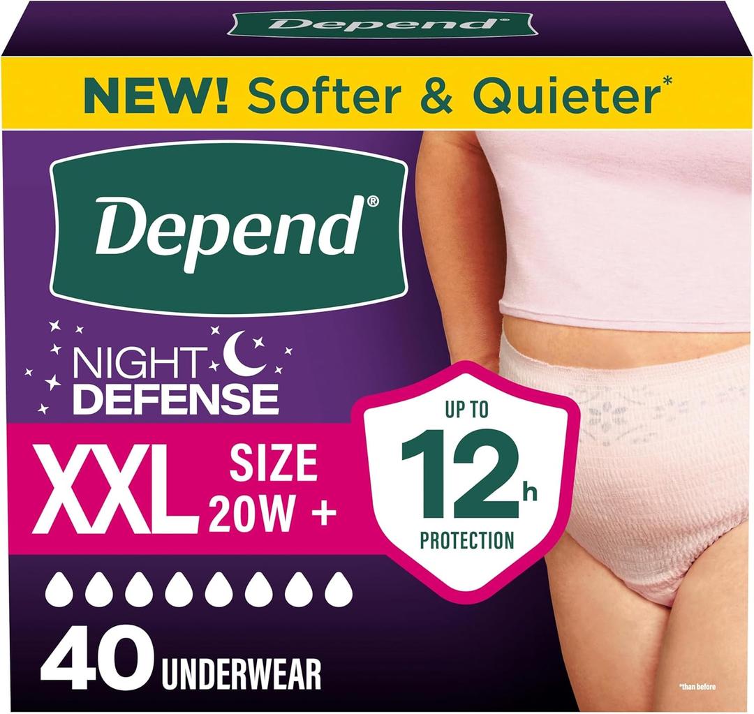 Depend Night Defense Adult Diapers, Incontinence & Postpartum Bladder Leak Underwear for Women, Disposable, Overnight, XXL, Blush, 40 Count (4 Packs of 10)