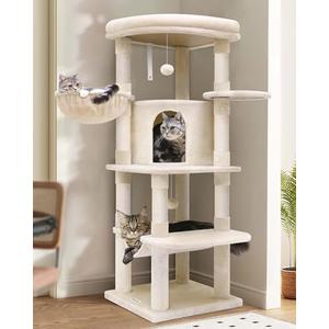 Globlazer Corner Cat Tree, 51in Curved Series Modern Cat Tower for Indoor Cats with Hammock, 7 Sisal Scratching Posts, Large Fan-Shaped Platform for Large Cats, Cat Condo & Hanging Basket, C51, Beige​