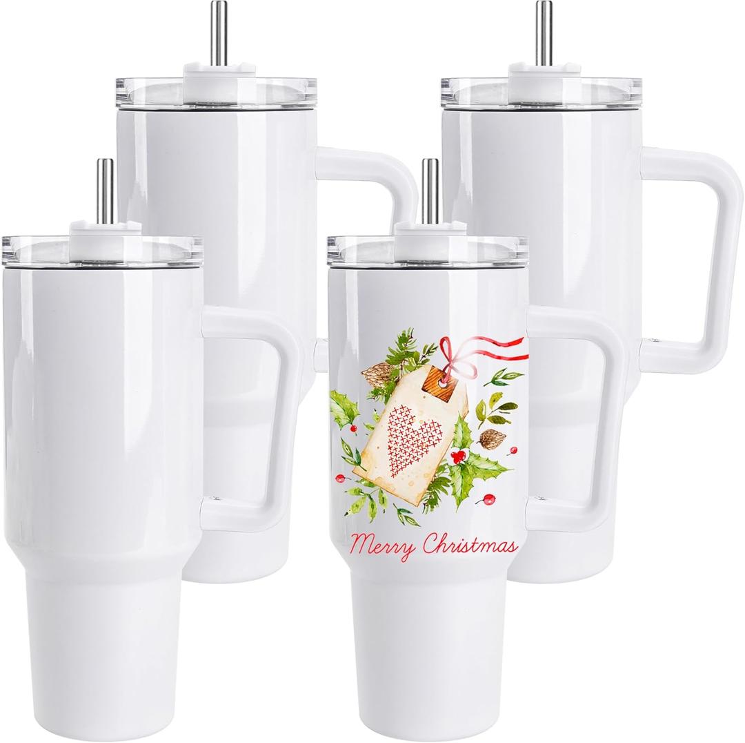 DS 4 Pack 40 oz Sublimation Tumbler with Handle Insulated Large Sublimation Tumblers Bulk with Lids and Straws Stainless Steel Coffee Mugs for DIY Craft Heat Press Print (White)