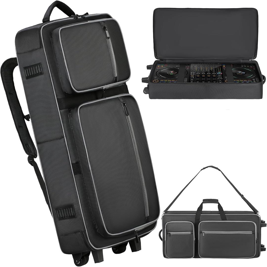 DJ Controller Soft Case with Wheels Compatible with DDJ-RZ/DDJ-SZ/XDJ-XZ, DJ Soft Case DJ Bag with Multi-pocket, Rolling DJ Case for DJ Controller & Accessories (Large)