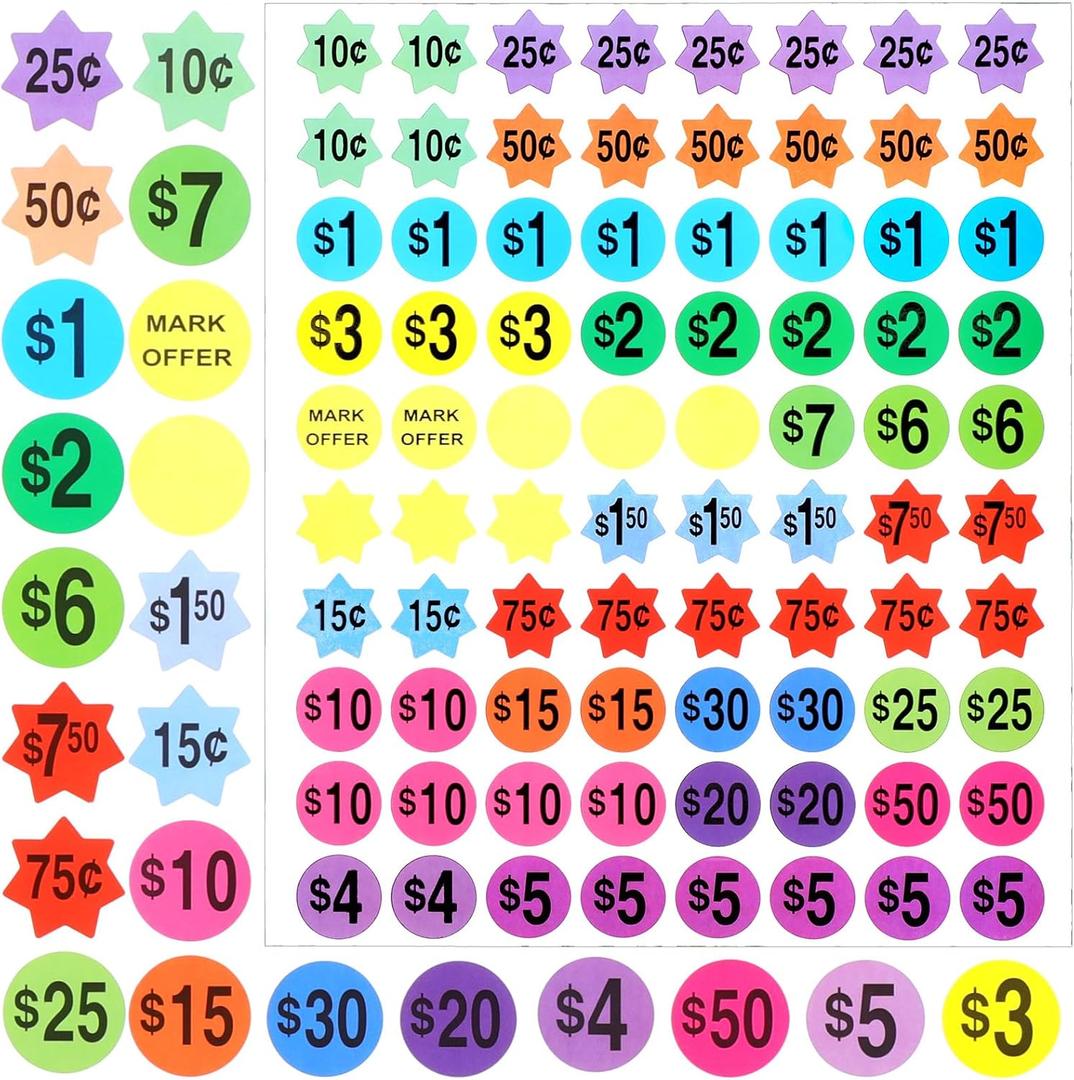Price Stickers Garage Sale, 20 Sheets Garage Sale Tags Removable Rummage Sales Price Stickers, 3/4" Round Preprinted Prices Labels for Yard Sales, Flea Markets, County Fairs & Retail, Colorful