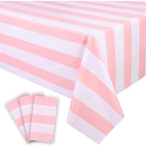 Kesfey 3 Packs Pink and White Vertical Striped Tablecloth 54 x 108 Inch Pink Stripe Table Cloths Disposable Plastic Stripe Table Covers Waterproof Pink Striped Picnic Table Cover for Birthday Party