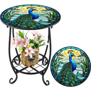 Cinnvoice Outdoor Side Table Round Small Mosaic Patio Accent Indoor End Plant Coffee Tea Table for Yard Patio Porch Garden Living Room, Bedroom(Peacock Style,14 Inch)