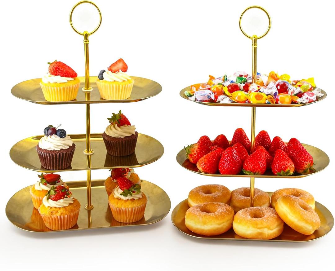 2PCS 3 Tiers Stainless Steel Cupcake Stand 3 Tiers Fruit Tray Dessert Plate Dessert Stand for Party Cupcake Display Tower for Birthday Wedding Afternoon Tea (Gold)