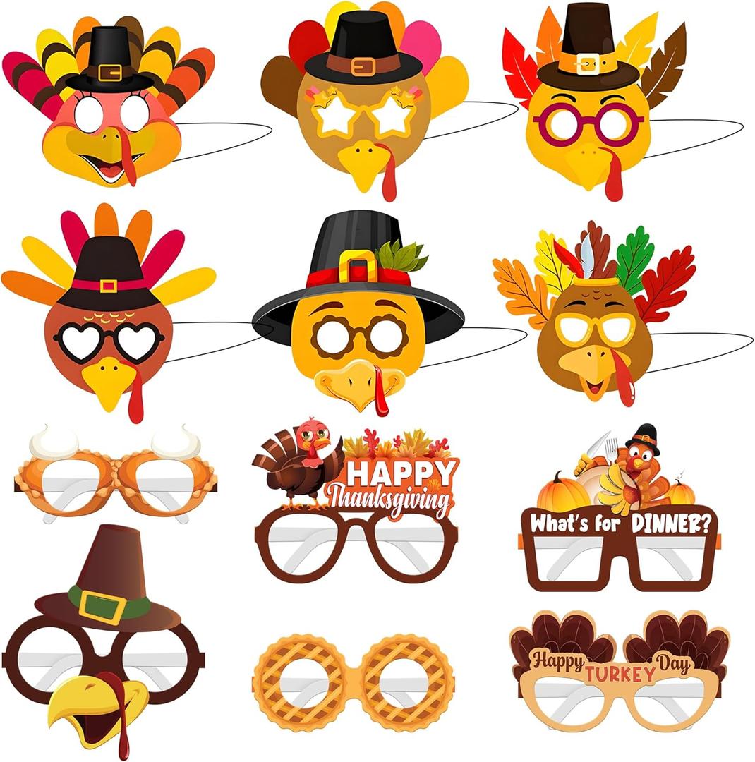 KatchOn Happy Thanksgiving Glasses and Masks  Pack of 12 | Thanksgiving Party Favors | Turkey Photo Booth Props, Turkey Mask | Thanksgiving Accessories | Harvest Party Favors, Thanks Giving Decor (Orange and Brown)