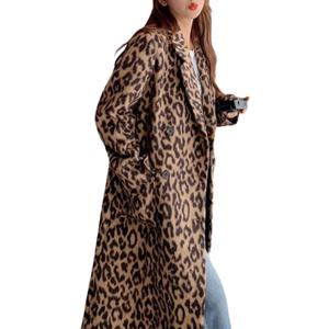 Utcoco Womens Leopard Long Wool Trench Coat Notched Lapel Double Breasted Pea Coat Winter Warm Overcoat (Small)