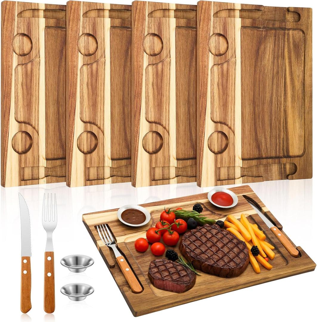 Honeydak 4 Set Acacia Wooden Steak Board Steak Plate Cutting Board with Fork, Knife and Sauce Cups 15.7 Inches Wood Serving Tray for Cheese Charcuterie Meat and Poultry, Birthday Wedding Gift
