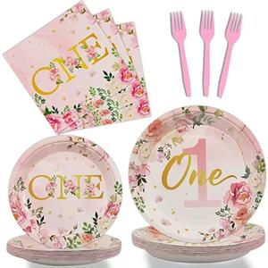 96PCS 1st Birthday Party Supplies Tableware Kit for 24 Guests pink Birthday Party Decorations Theme Party Table Supplies Pack Includes Plates ,Napkins, plastic forks