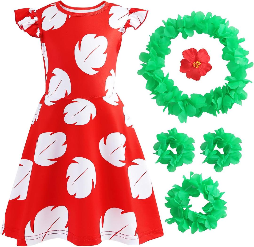 Hawaiian Little Girls Costume Dress with Luau Flower Leis Accessories Flower Hair Clip Toddler Halloween Party Cosplay Outfit (7-8 Years, Red)