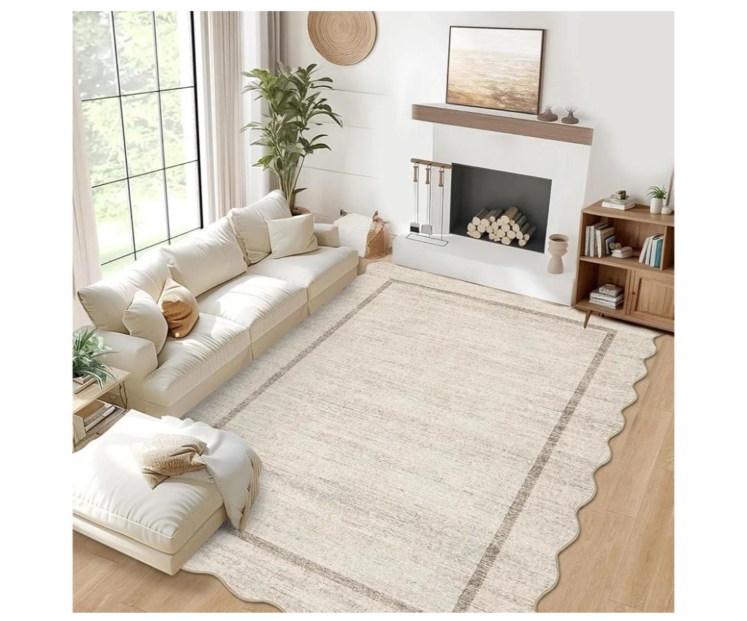 GarveeHome Scalloped Large Living Room Area Rug 8x10 - Machine Washable Modern Rugs Bordered Neutral Rug Non-Shedding Low Pile Farmhouse Carpet for Bedroom Nursery Classroom Dorm 8 ft x10 ft Beige