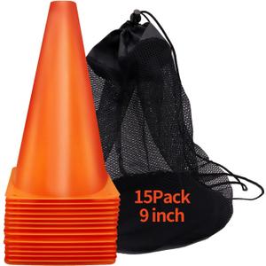 Cones Sports 9 Inch, 15 Pack Training Cones for Soccer Practice, Agility Field Cone Set for Drills Football Basketball, Plastic Cones for Outdoor Indoor Games