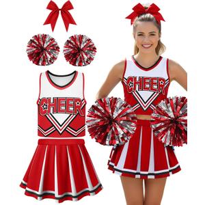 JenPen Women's Cheerleader Costume Halloween High School Cheerleading Outfit Musical Cheer Uniform Hair Bow Pom Pom (Large, Red)