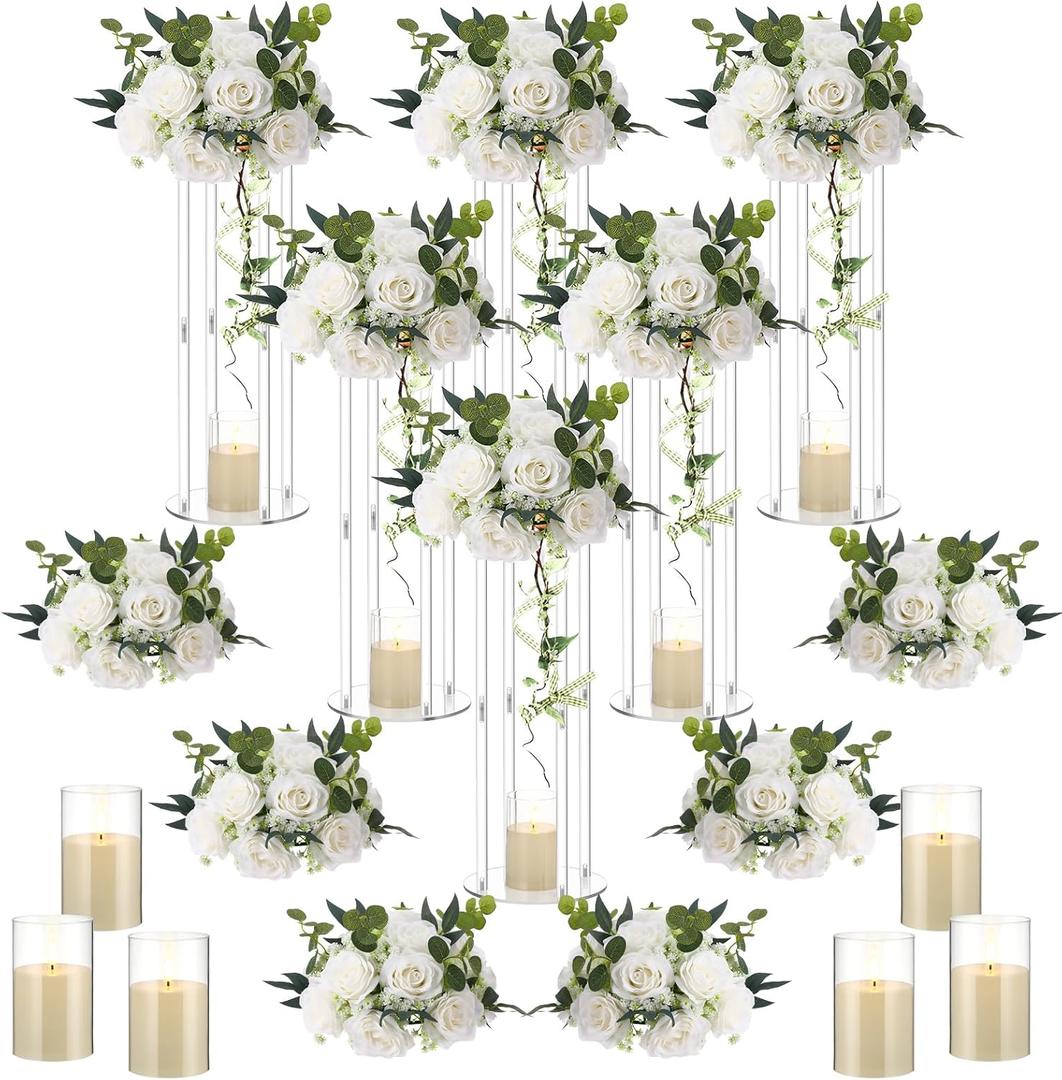 Daifunli 6 Set 20 Inch Tall Acrylic Vase Stand Wedding Centerpieces Holder with Artificial Flower Balls and LED Lights Candles for Wedding Party Table Home Decorations