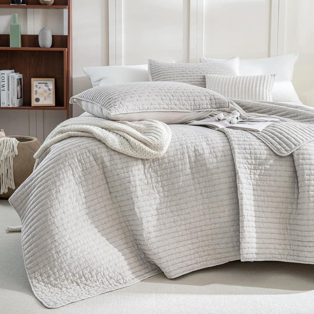 Sanracie Stonewashed Oversized King Quilt(120"x120"), Cotton Light Wheat Color Cross Stitch Pattern California King Quilt Set 3Pcs Ultra Soft Lightweight Crinkle Bed Coverlet Set for All Season