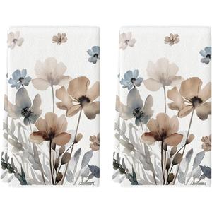 Artoid Mode Brown Poppy Floral Leaves Spring Kitchen Towels Dish Towels, 18x26 Inch Seasonal Summer Decoration Hand Towels Set of 2 (Beige)