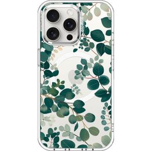 MOSNOVO Case for iPhone 15 Pro Max, [Compatible with Magsafe] [Buffertech 6.6ft Military-Grade Drop Protection] [Anti Peel Off Tech] Clear Phone Case Design - Eucalyptus