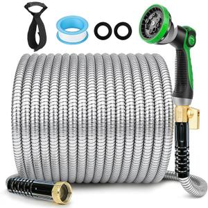 HORTICORA Garden Hose 50 ft, Non-Expandable Ultra-Lightweight Flexible Hose with 360° Dual-End Anti-Kink Design, 10-Pattern Spray Nozzle, 500 PSI Leak-Proof, 96-Strand Braided Fabric, Storage Strap