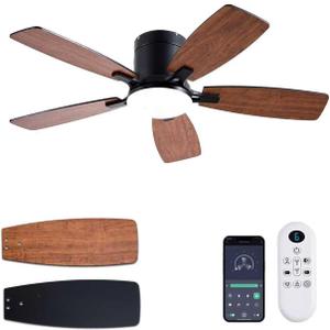 Ceiling Fans with Lights, 42 inch Low Profile Ceiling Fan with Light and Remote Control, Flush Mount, LED Dimmable DC Reversible Modern Ceiling Fan for Bedroom (Brown)