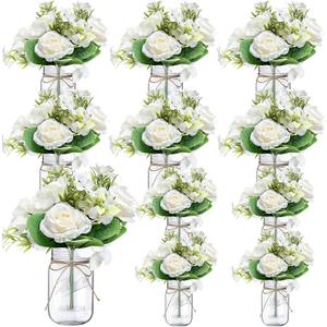10 Sets Mason Jars Flower Table Centerpiece with White Rose Hydrangea Artificial Flowers Jars for Wedding Engagement Dining Party Kitchen Living Baby Bridal Shower