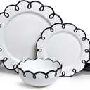 Sango 12-Piece Stoneware Dinnerware Set for 4, Glossy White Plates and Bowls Sets with Black Scalloped Rims, Premium Dish Set, Dishes for Hosting Parties, Birthday & Wedding Gifts, Splash of Cheers