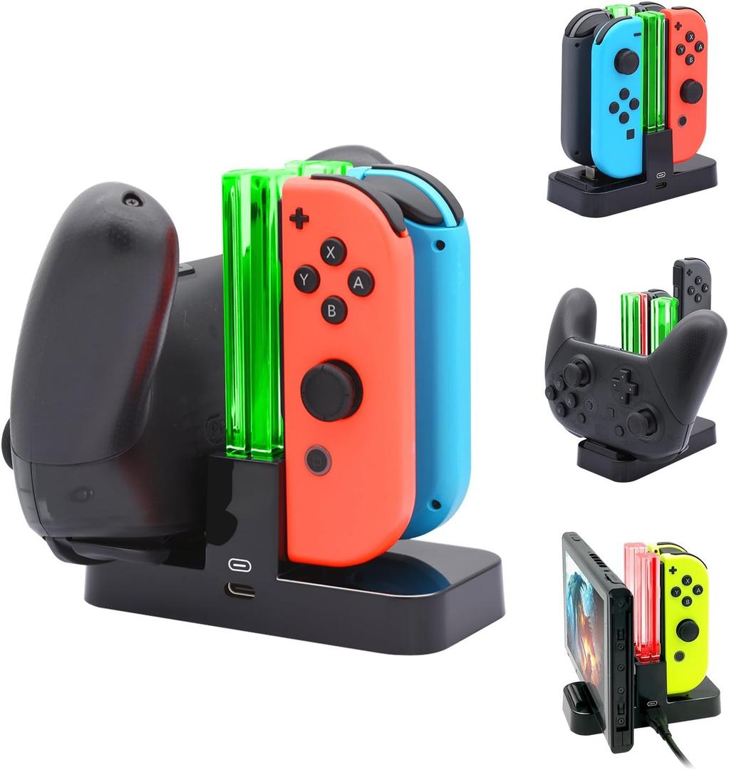 FastSnail Controller Charger for Nintendo Switch & OLED Model for Joycon, Charging Dock Station for Joy con and Pro Controller with Charger Indicator & Type C Cable for Switch Wii U Accessory Kits (Black)
