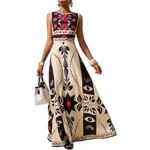 GORGLITTER Women's Sleeveless Maxi Mexican Dress Floral Boho Garden Party Sundress Wedding Guest Long Tank Dresses (Medium, Multicolor)