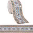CABODYALS 3 Inch Denim Blue Jacquard Embroidered Ribbon Trim Tape Wide Polyester Sequin Bead Embroidery Woven Fabric Applique Ribbons Bulk for Sewing Making Crafts Clothes Dress Wedding Home Decor Diy