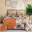 DJY Boho Floral Quilt Set Queen Size 3 Piece, Botanical Reversible Farmhouse Bedspread Coverlet White and Orange Floral Bedding Soft Microfiber Summer Quilt Bedding Set All Season (96''x90'')