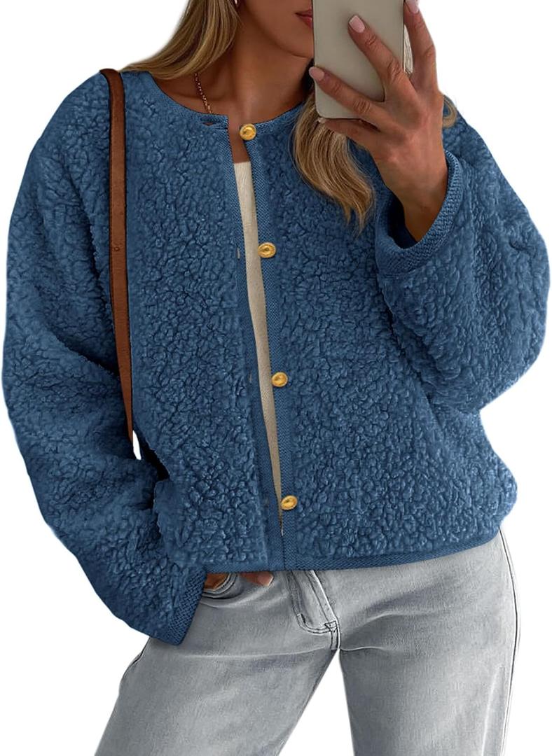 PRETTYGARDEN Women's 2025 Fall Fashion Clothes Trendy Fleece Sherpa Cropped Jackets Buttons Warm Casual Winter Faux Fur Coats (L)
