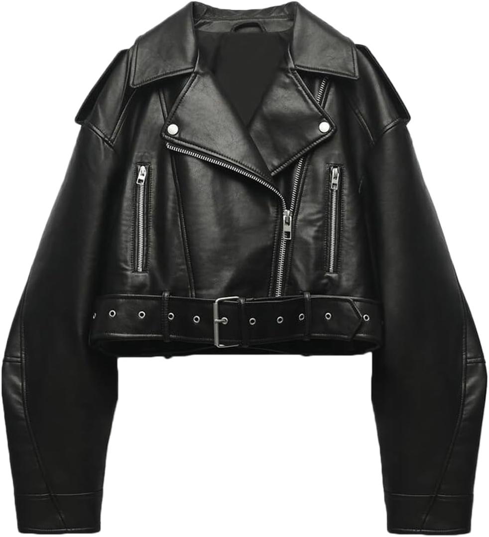 LY VAREY LIN Women Faux Leather Cropped Jacket Lapel Zipper Biker Short Coat with Belt (Small, 2371black)