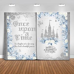 Once Upon a Time Backdrop 7x5ft Blue Floral Silver Castle Princess Fairy Tale Book Birthday Background Party Decorations for Girl Opening Magic Book Romantic Story Wall Decor Banner