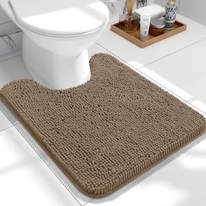 OLANLY Toilet Rugs U-Shaped 24x20, Extra Soft Absorbent Chenille Contour Bathroom Rugs for Toilet, Dry Quickly, Machine Washable, Non-Slip Bath Mat, Tan