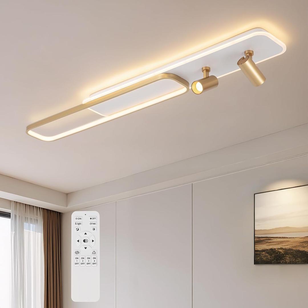 EIDISUNY Modern LED Ceiling Light Remote Control, 47.2in Linear Ceiling Light with 2 Adjustable Spotlights 65W, Dimmable 3CCT, Gold Long Ceiling Light Fixture for Bedroom Kitchen Living Room