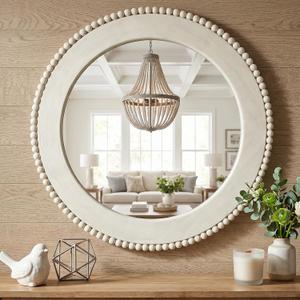 Round Wall Mirror Décor, 24" Large Farmhouse Mirror (White)