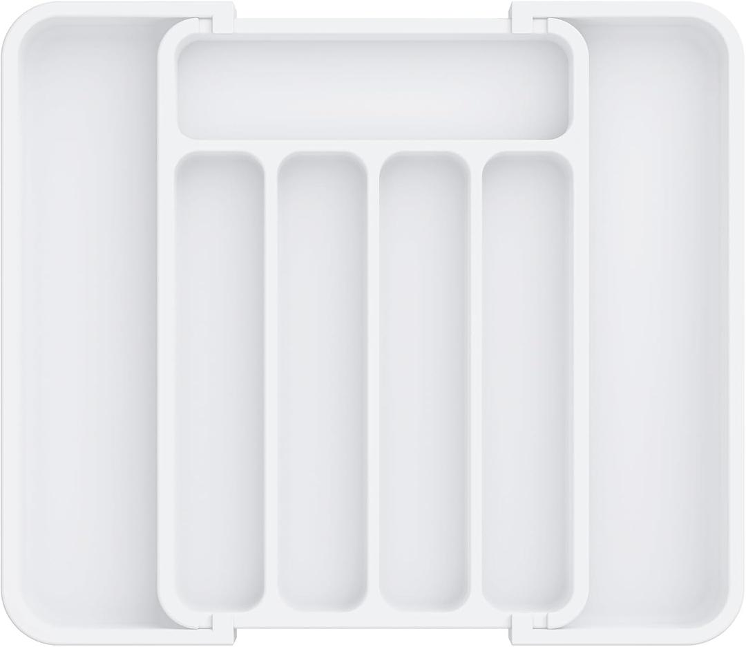 Aujen Silverware Organizer - Expandable Kitchen Drawer Organizer, Adjustable Utensil Organizer, Cutlery Tray for Forks, Knives, Multipurpose Kitchen Organizers and Storage Solution, White, Medium